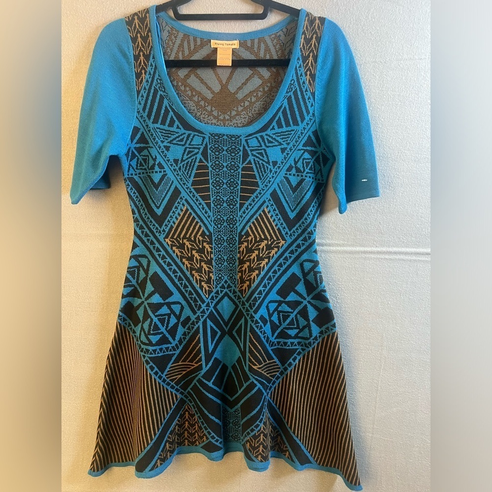 Flying Tomato Women's Blue  Round Neck Short Sleeve Knee Length Dress  Large